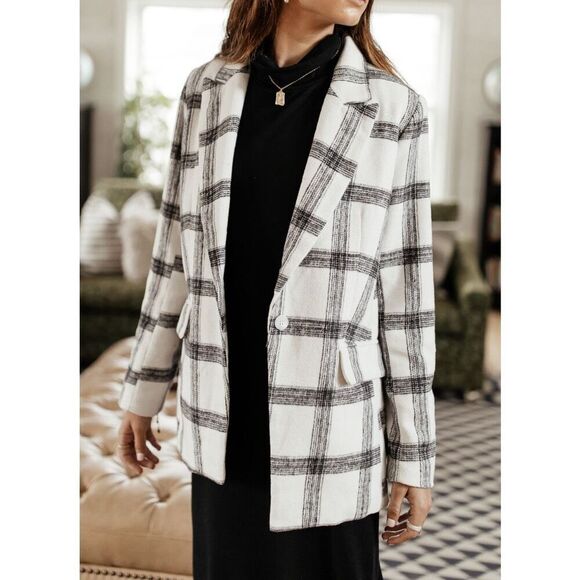 BOHME button front plaid soft collared blazer jacket with pockets sz S women’s p - Picture 2 of 7